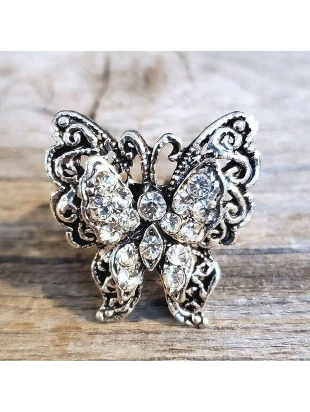 New Vintage Y2K 90s Clear Crystal Butterfly Silver Adjustable Cocktail Ring